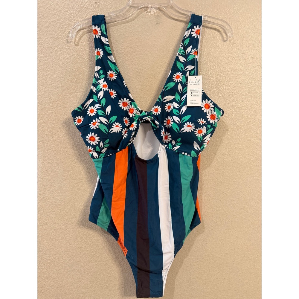 Cupshe Womens XXL Floral Striped Cutout Knot Front One Piece Swimsuit Multicolor